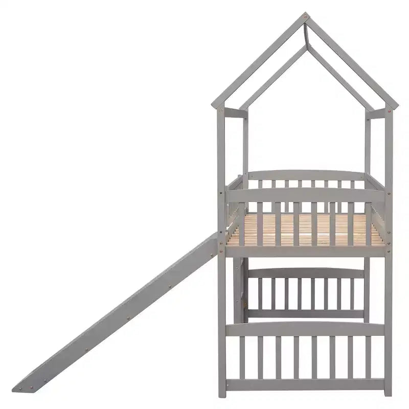 Letto a soppalco con scivolo per casa gemella, struttura in legno con letto a soppalco, scala e tetto