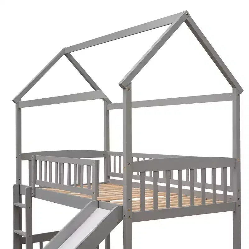 Letto a soppalco con scivolo per casa gemella, struttura in legno con letto a soppalco, scala e tetto
