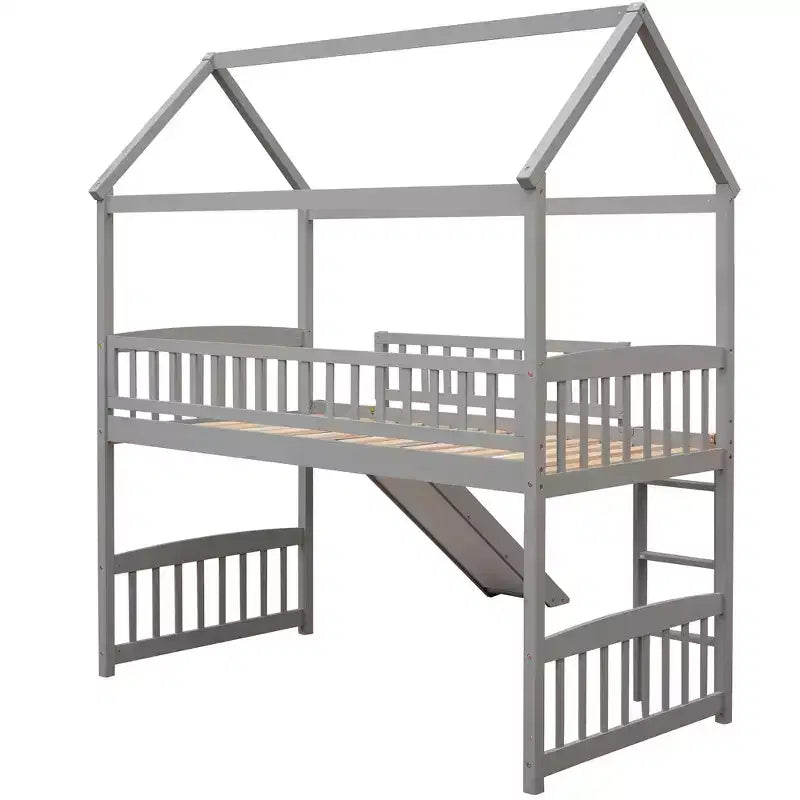 Letto a soppalco con scivolo per casa gemella, struttura in legno con letto a soppalco, scala e tetto