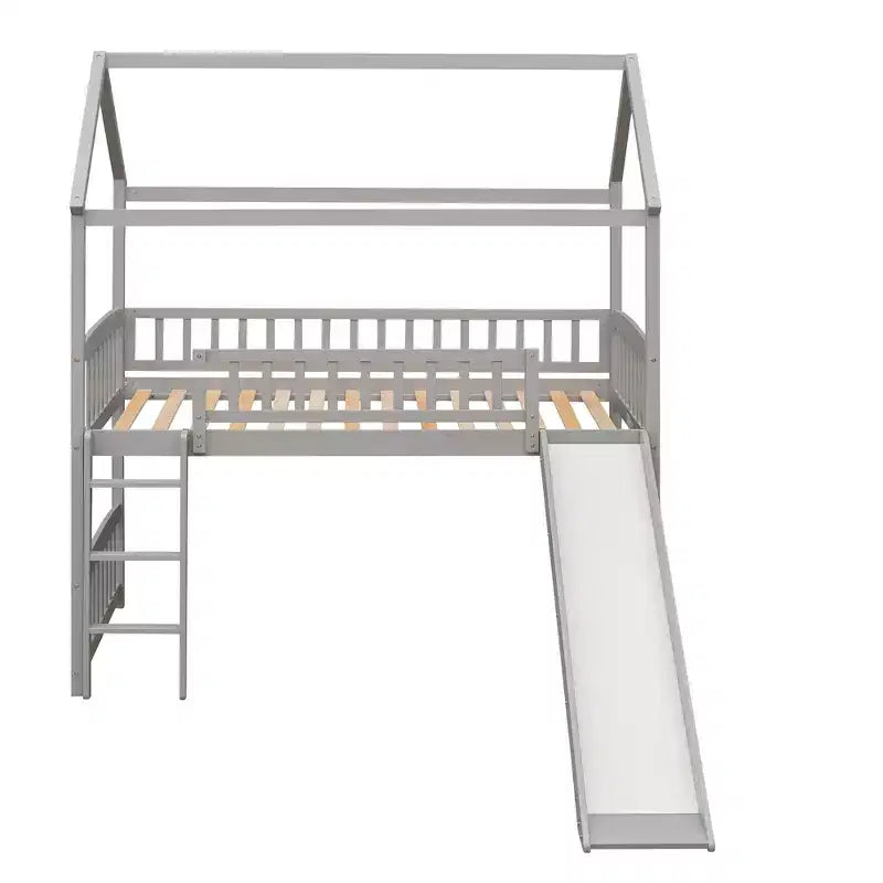 Letto a soppalco con scivolo per casa gemella, struttura in legno con letto a soppalco, scala e tetto