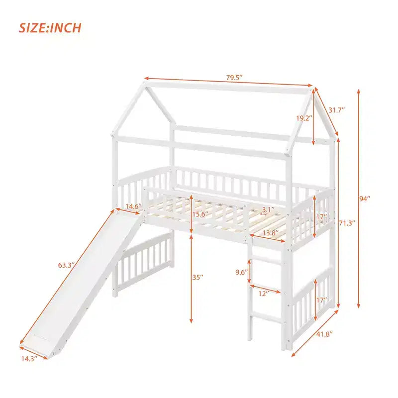 Letto a soppalco con scivolo per casa gemella, struttura in legno con letto a soppalco, scala e tetto