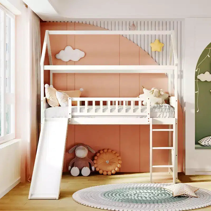 Letto a soppalco con scivolo per casa gemella, struttura in legno con letto a soppalco, scala e tetto