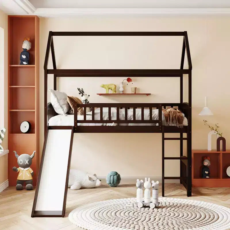 Letto a soppalco con scivolo per casa gemella, struttura in legno con letto a soppalco, scala e tetto