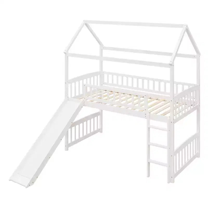 Letto a soppalco con scivolo per casa gemella, struttura in legno con letto a soppalco, scala e tetto