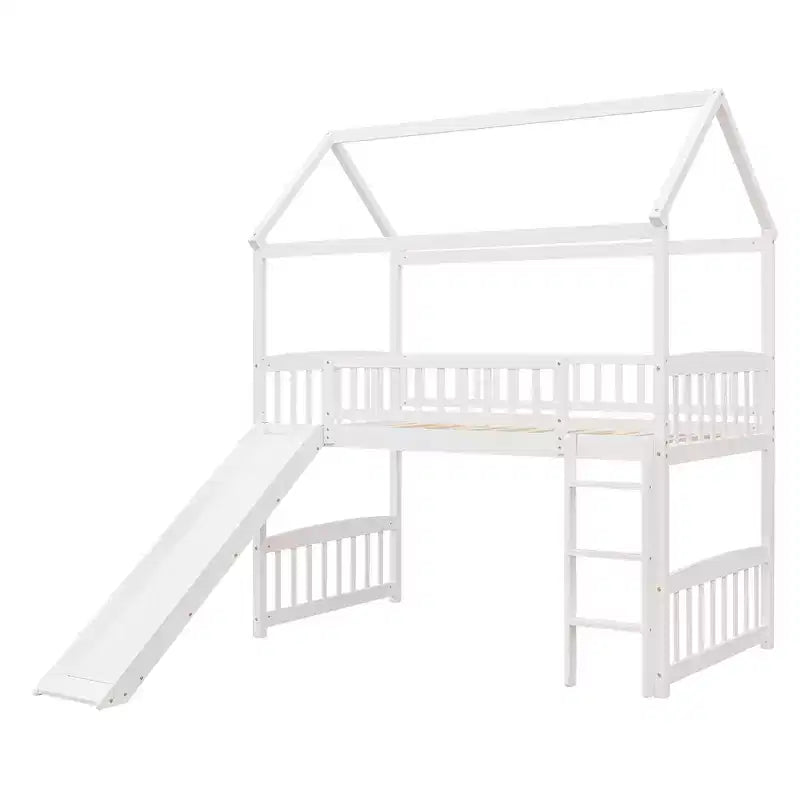 Letto a soppalco con scivolo per casa gemella, struttura in legno con letto a soppalco, scala e tetto