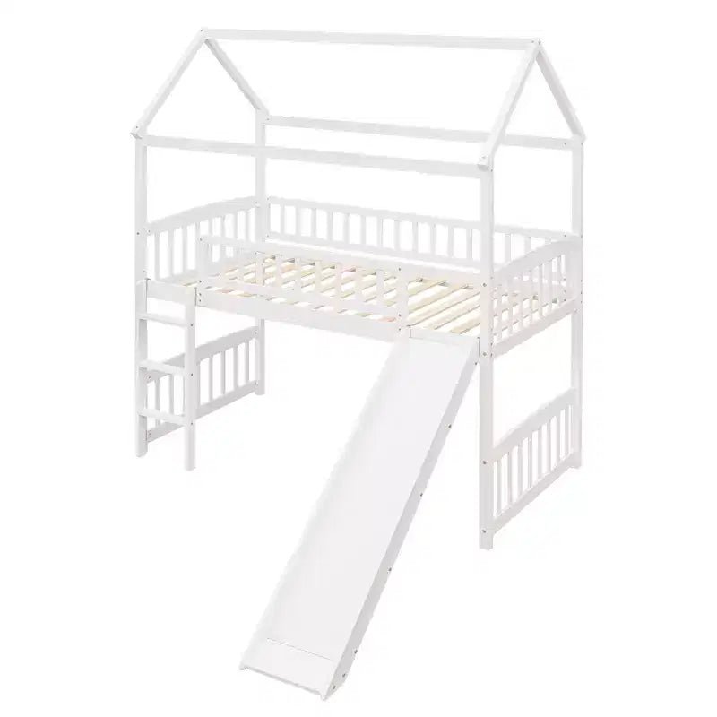 Letto a soppalco con scivolo per casa gemella, struttura in legno con letto a soppalco, scala e tetto