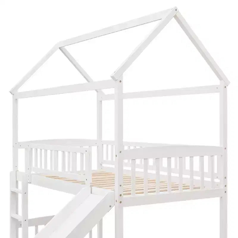 Letto a soppalco con scivolo per casa gemella, struttura in legno con letto a soppalco, scala e tetto