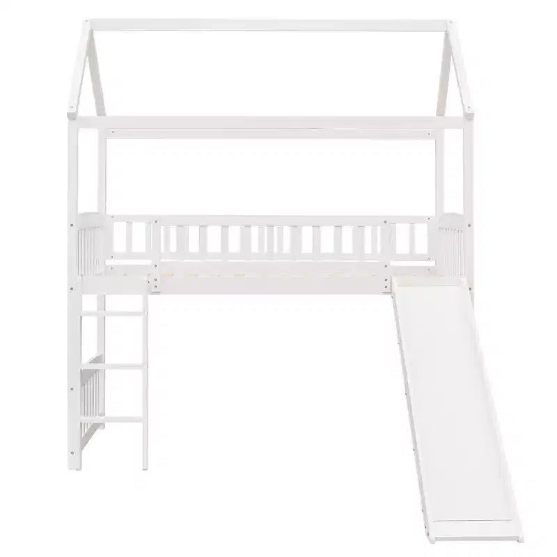 Letto a soppalco con scivolo per casa gemella, struttura in legno con letto a soppalco, scala e tetto