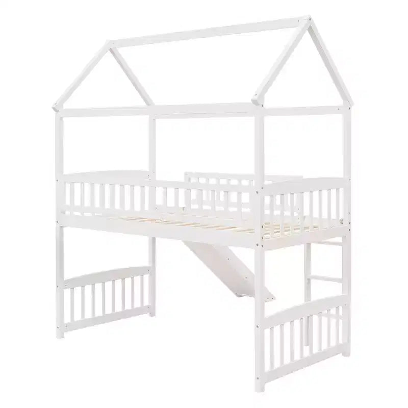 Letto a soppalco con scivolo per casa gemella, struttura in legno con letto a soppalco, scala e tetto