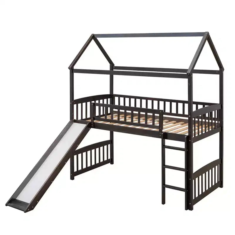 Letto a soppalco con scivolo per casa gemella, struttura in legno con letto a soppalco, scala e tetto