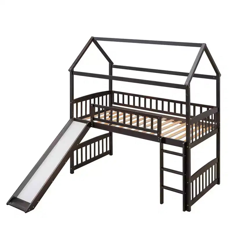 Letto a soppalco con scivolo per casa gemella, struttura in legno con letto a soppalco, scala e tetto