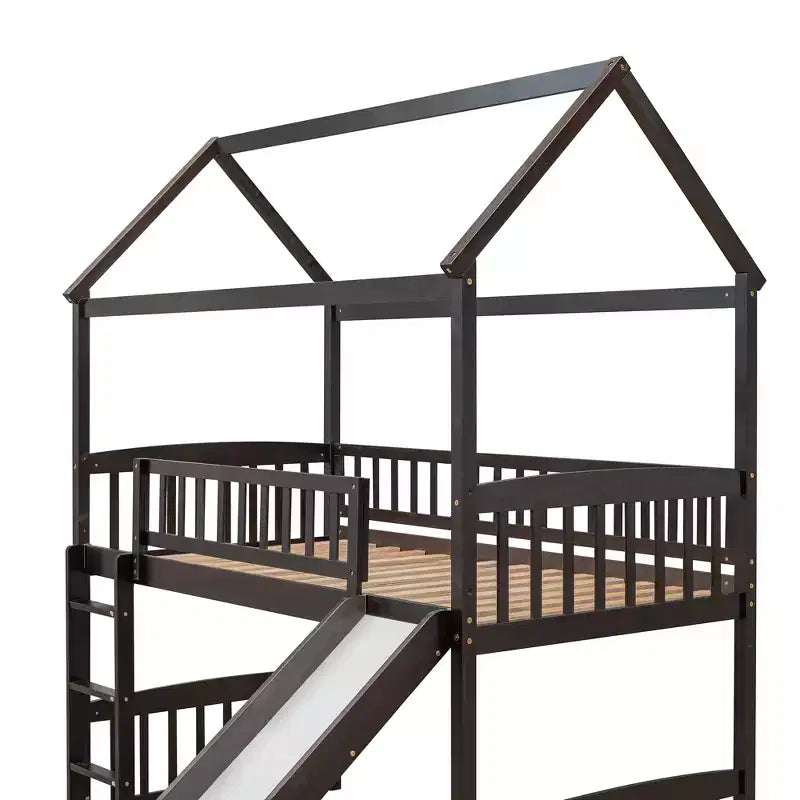 Letto a soppalco con scivolo per casa gemella, struttura in legno con letto a soppalco, scala e tetto