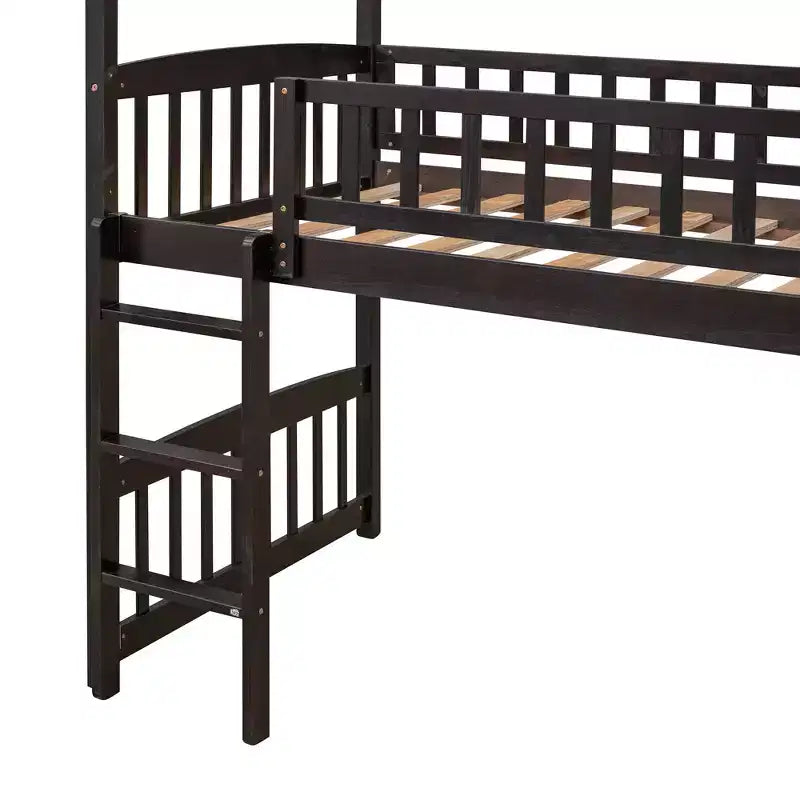 Letto a soppalco con scivolo per casa gemella, struttura in legno con letto a soppalco, scala e tetto