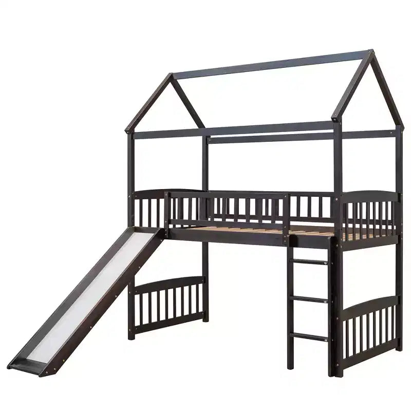 Letto a soppalco con scivolo per casa gemella, struttura in legno con letto a soppalco, scala e tetto