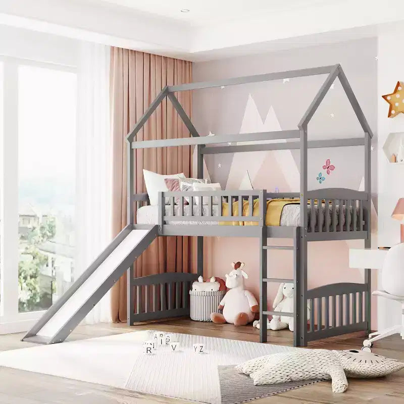 Letto a soppalco con scivolo per casa gemella, struttura in legno con letto a soppalco, scala e tetto