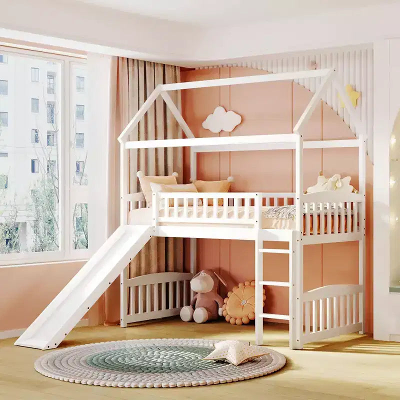 Letto a soppalco con scivolo per casa gemella, struttura in legno con letto a soppalco, scala e tetto