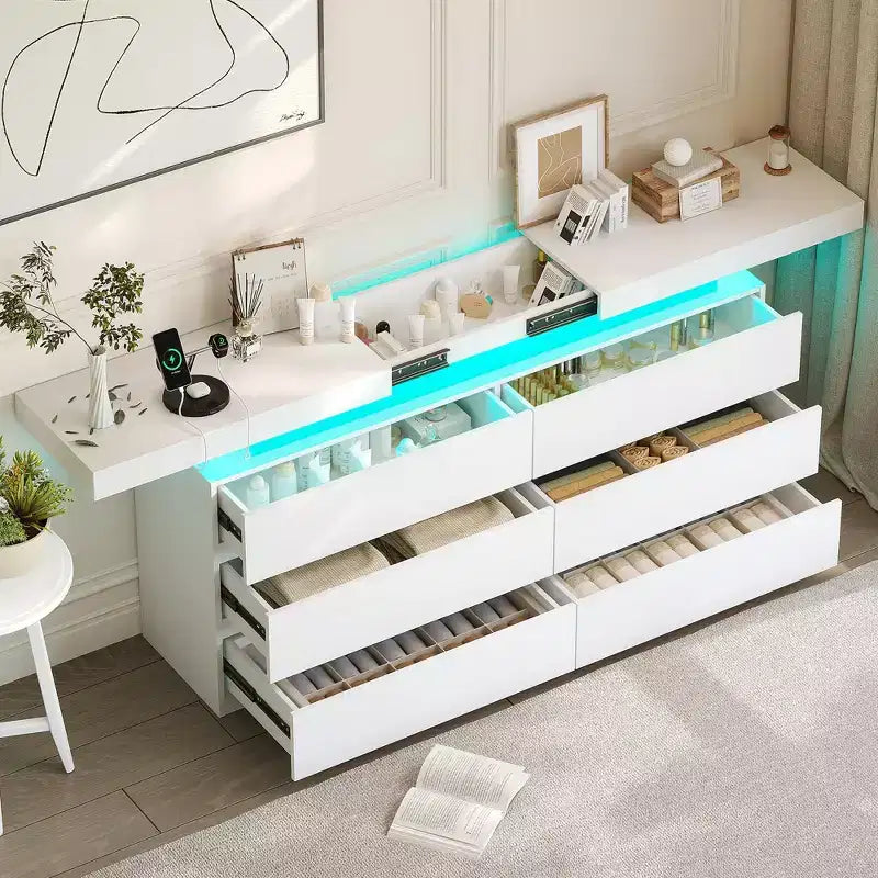 Comò moderno a 6 cassetti con piano scorrevole, con cassetti, organizer per camera da letto, armadio e soggiorno