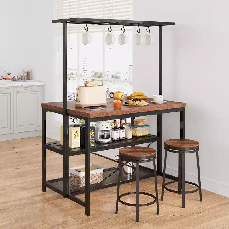 Isola da Cucina da 42/47 Pollici con Ripostiglio e Sedute - Scaffale per Forno a 3 Ripiani, Supporto per Microonde, Tavolo da Pranzo per 4, 5 Ganci e Capacità di 22,7 kg