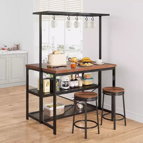 Isola da Cucina da 42/47 Pollici con Ripostiglio e Sedute - Scaffale per Forno a 3 Ripiani, Supporto per Microonde, Tavolo da Pranzo per 4, 5 Ganci e Capacità di 22,7 kg