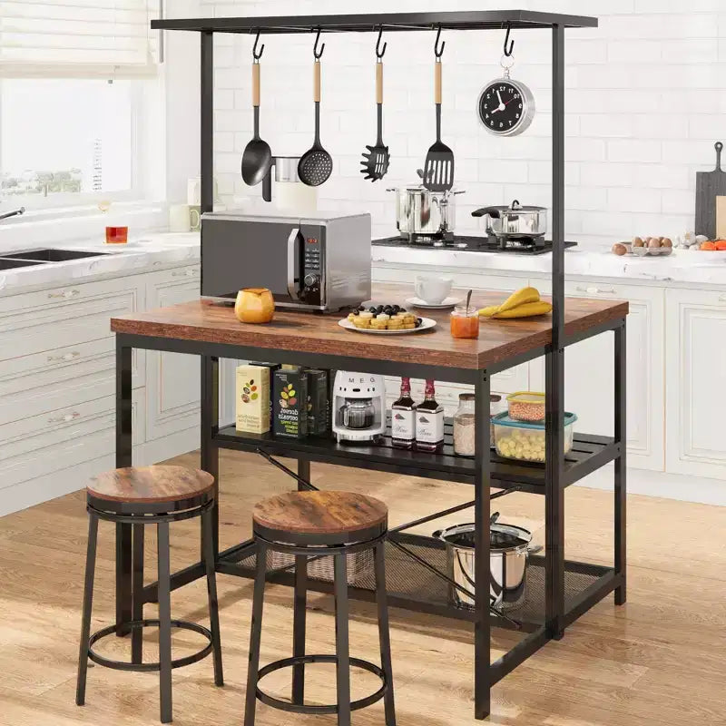 Isola da Cucina da 42/47 Pollici con Ripostiglio e Sedute - Scaffale per Forno a 3 Ripiani, Supporto per Microonde, Tavolo da Pranzo per 4, 5 Ganci e Capacità di 22,7 kg
