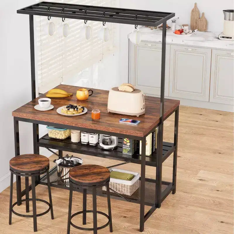 Isola da Cucina da 42/47 Pollici con Ripostiglio e Sedute - Scaffale per Forno a 3 Ripiani, Supporto per Microonde, Tavolo da Pranzo per 4, 5 Ganci e Capacità di 22,7 kg