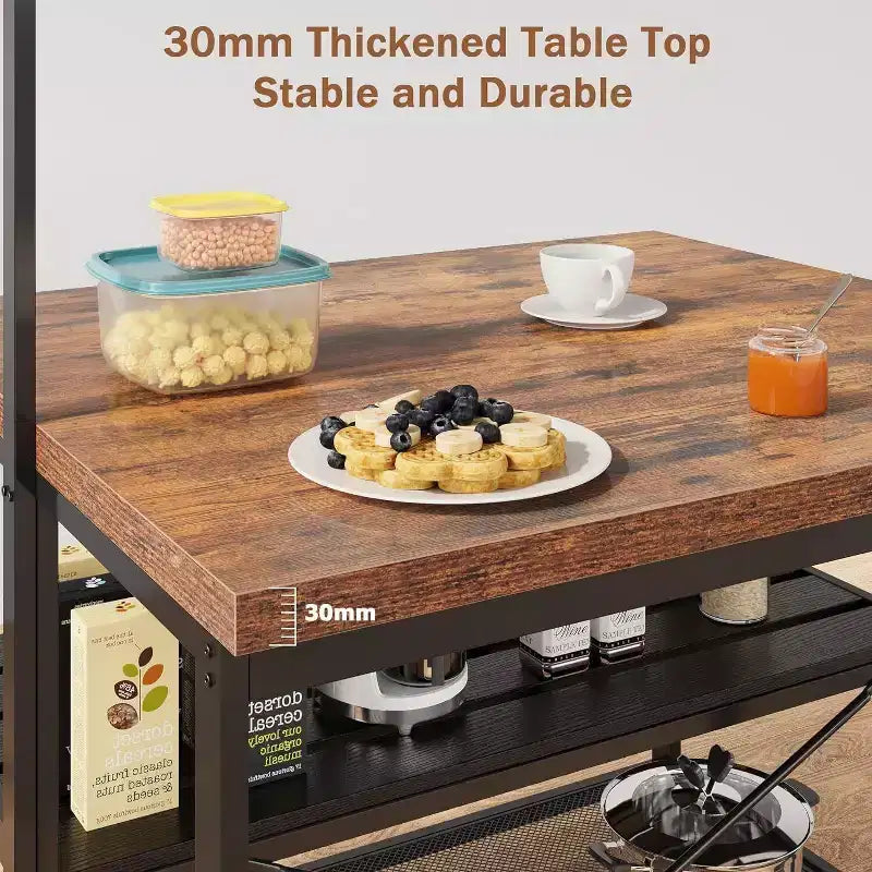 Isola da Cucina da 42/47 Pollici con Ripostiglio e Sedute - Scaffale per Forno a 3 Ripiani, Supporto per Microonde, Tavolo da Pranzo per 4, 5 Ganci e Capacità di 22,7 kg