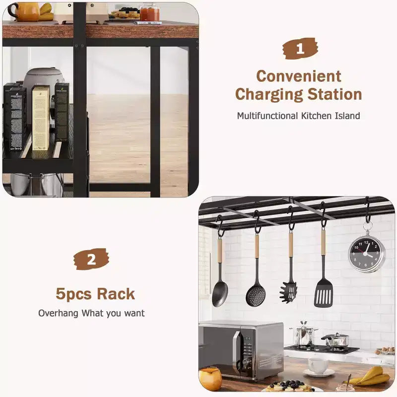 Isola da Cucina da 42/47 Pollici con Ripostiglio e Sedute - Scaffale per Forno a 3 Ripiani, Supporto per Microonde, Tavolo da Pranzo per 4, 5 Ganci e Capacità di 22,7 kg