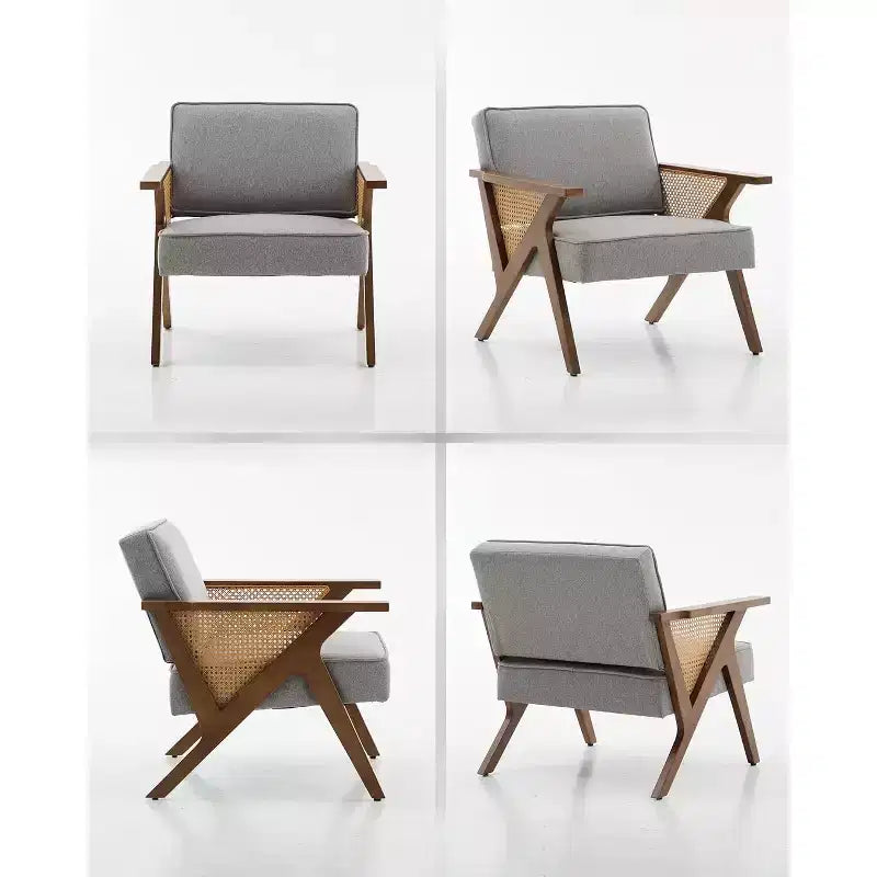 Poltrona Lounge in Rattan Mid-Century, Poltrona Vintage Rivestita in Lino con Struttura in Legno Massiccio per Soggiorno/Camera da Letto, Capacità 130 kg, Beige/Grigio (1 PEZZO)