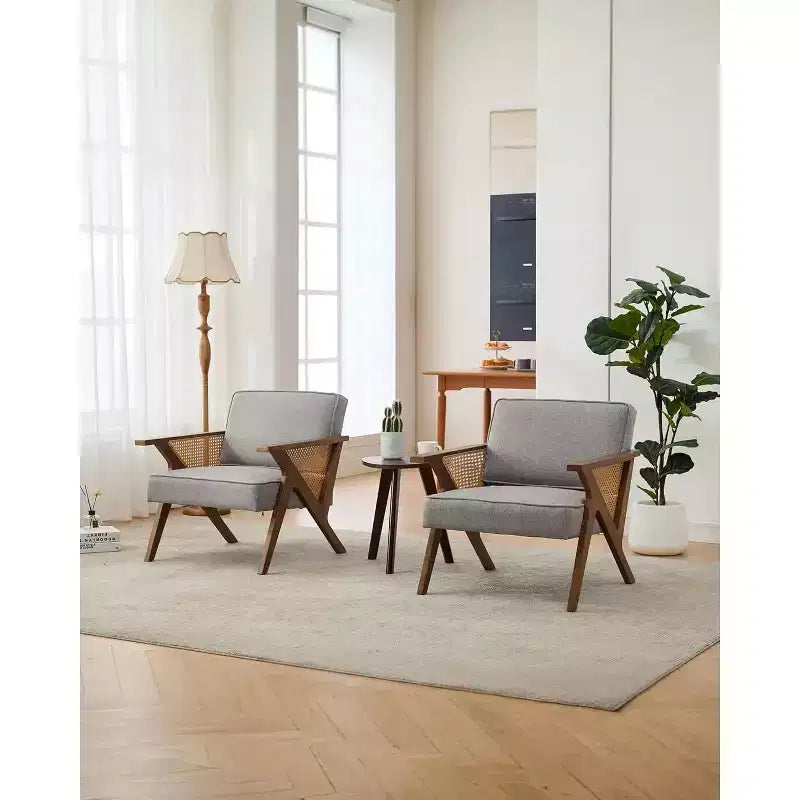 Poltrona Lounge in Rattan Mid-Century, Poltrona Vintage Rivestita in Lino con Struttura in Legno Massiccio per Soggiorno/Camera da Letto, Capacità 130 kg, Beige/Grigio (1 PEZZO)