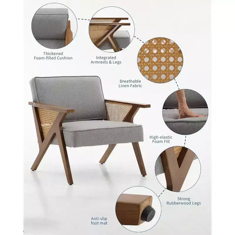 Poltrona Lounge in Rattan Mid-Century, Poltrona Vintage Rivestita in Lino con Struttura in Legno Massiccio per Soggiorno/Camera da Letto, Capacità 130 kg, Beige/Grigio (1 PEZZO)