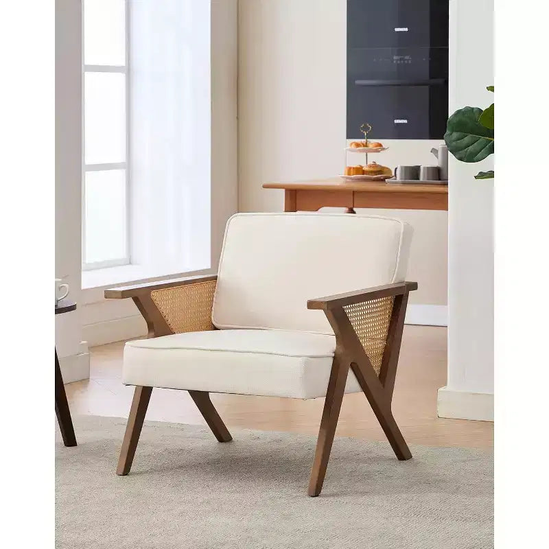 Poltrona Lounge in Rattan Mid-Century, Poltrona Vintage Rivestita in Lino con Struttura in Legno Massiccio per Soggiorno/Camera da Letto, Capacità 130 kg, Beige/Grigio (1 PEZZO)
