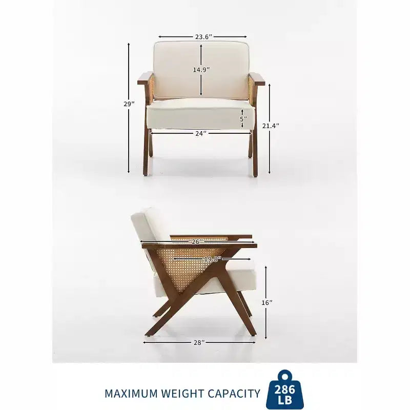 Poltrona Lounge in Rattan Mid-Century, Poltrona Vintage Rivestita in Lino con Struttura in Legno Massiccio per Soggiorno/Camera da Letto, Capacità 130 kg, Beige/Grigio (1 PEZZO)