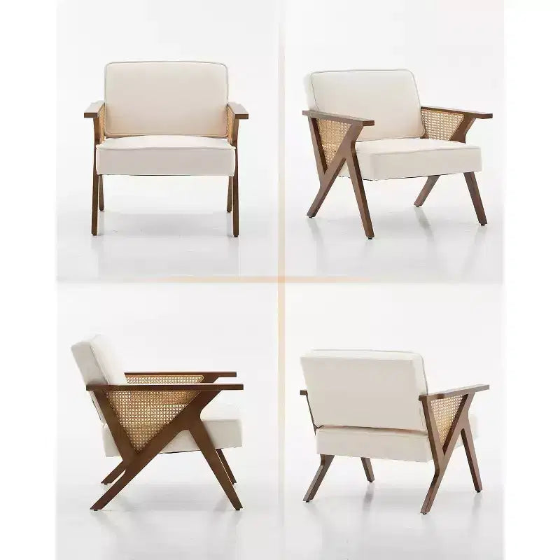 Poltrona Lounge in Rattan Mid-Century, Poltrona Vintage Rivestita in Lino con Struttura in Legno Massiccio per Soggiorno/Camera da Letto, Capacità 130 kg, Beige/Grigio (1 PEZZO)