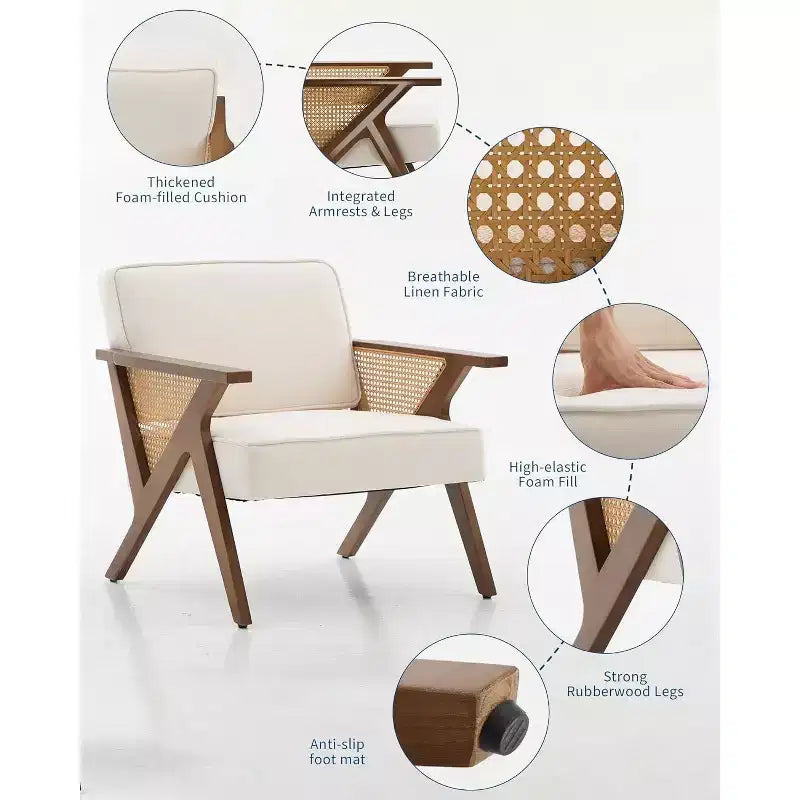 Poltrona Lounge in Rattan Mid-Century, Poltrona Vintage Rivestita in Lino con Struttura in Legno Massiccio per Soggiorno/Camera da Letto, Capacità 130 kg, Beige/Grigio (1 PEZZO)