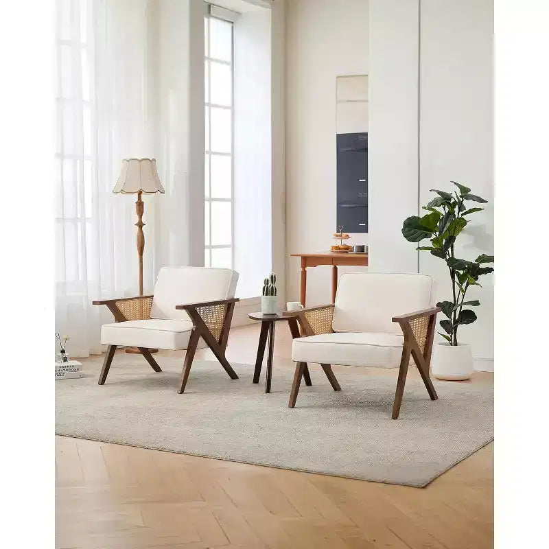 Poltrona Lounge in Rattan Mid-Century, Poltrona Vintage Rivestita in Lino con Struttura in Legno Massiccio per Soggiorno/Camera da Letto, Capacità 130 kg, Beige/Grigio (1 PEZZO)