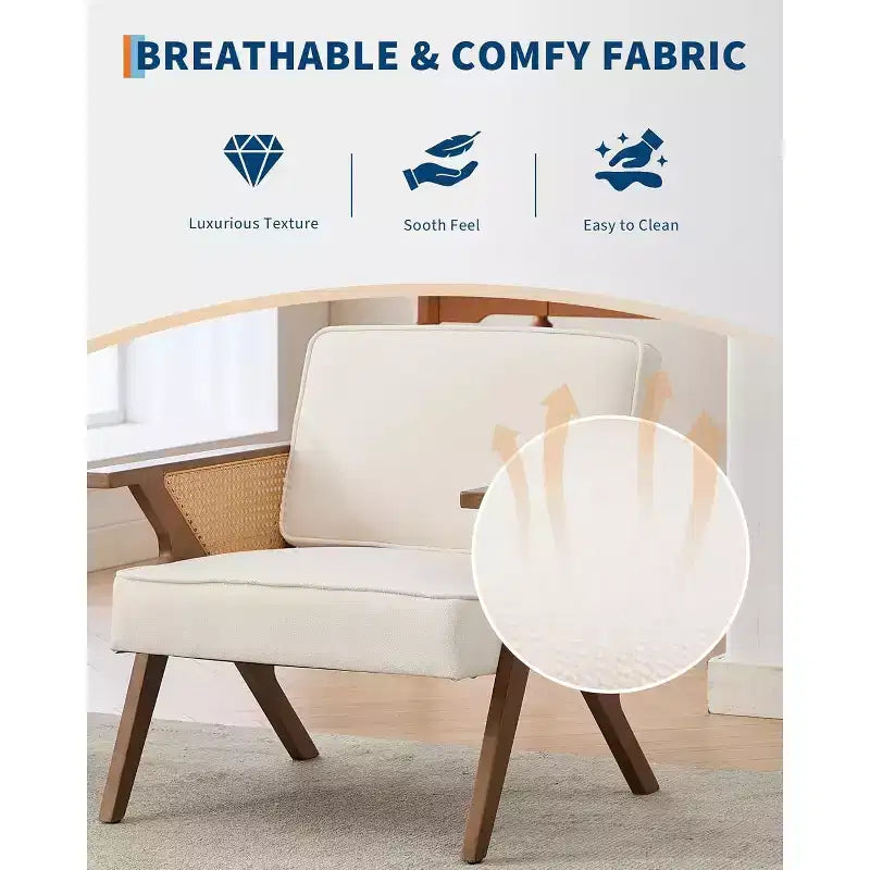 Poltrona Lounge in Rattan Mid-Century, Poltrona Vintage Rivestita in Lino con Struttura in Legno Massiccio per Soggiorno/Camera da Letto, Capacità 130 kg, Beige/Grigio (1 PEZZO)