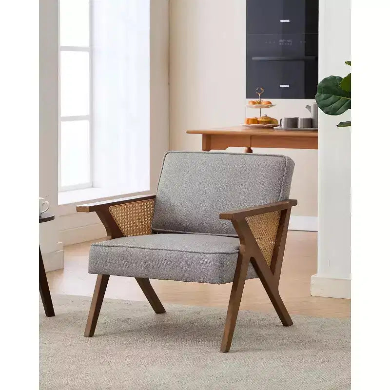 Poltrona Lounge in Rattan Mid-Century, Poltrona Vintage Rivestita in Lino con Struttura in Legno Massiccio per Soggiorno/Camera da Letto, Capacità 130 kg, Beige/Grigio (1 PEZZO)