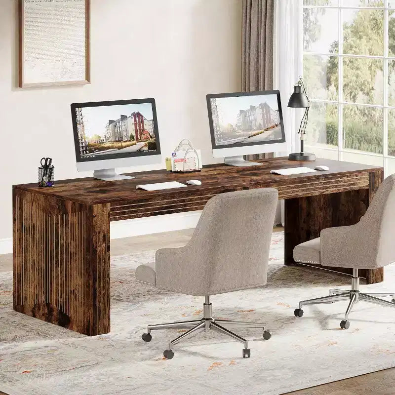 Scrivania extra lunga da 79 pollici, scrivania doppia per due persone per ufficio domestico, tavolo da scrittura lungo in legno per computer per ufficio, marrone vintage