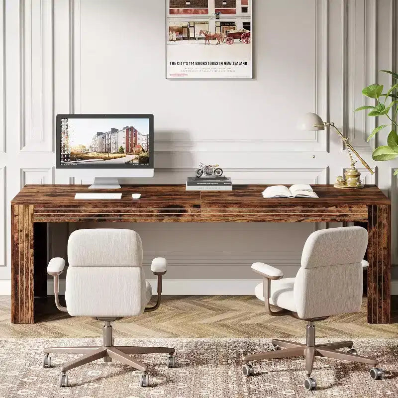 Scrivania extra lunga da 79 pollici, scrivania doppia per due persone per ufficio domestico, tavolo da scrittura lungo in legno per computer per ufficio, marrone vintage