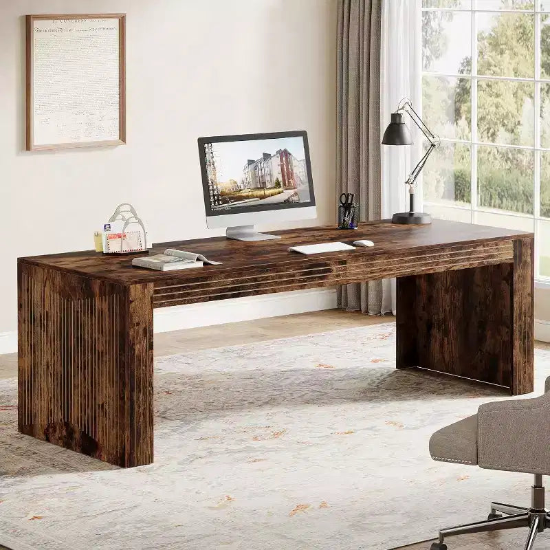 Scrivania extra lunga da 79 pollici, scrivania doppia per due persone per ufficio domestico, tavolo da scrittura lungo in legno per computer per ufficio, marrone vintage