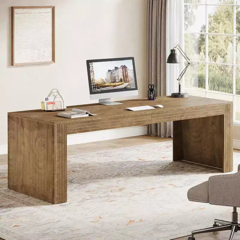 Scrivania extra lunga da 79 pollici, scrivania doppia per due persone per ufficio domestico, tavolo da scrittura lungo in legno per computer per ufficio, marrone vintage