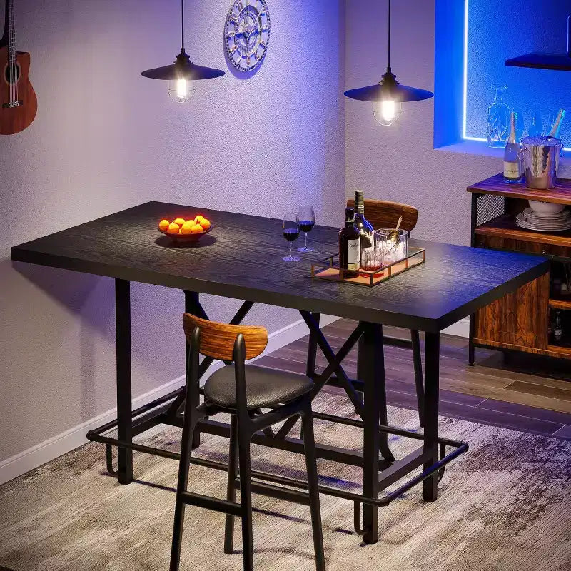 Tavolo da bar da 160 cm, tavolo alto da pub industriale con poggiapiedi in metallo per sala da pranzo, home bar, nero
