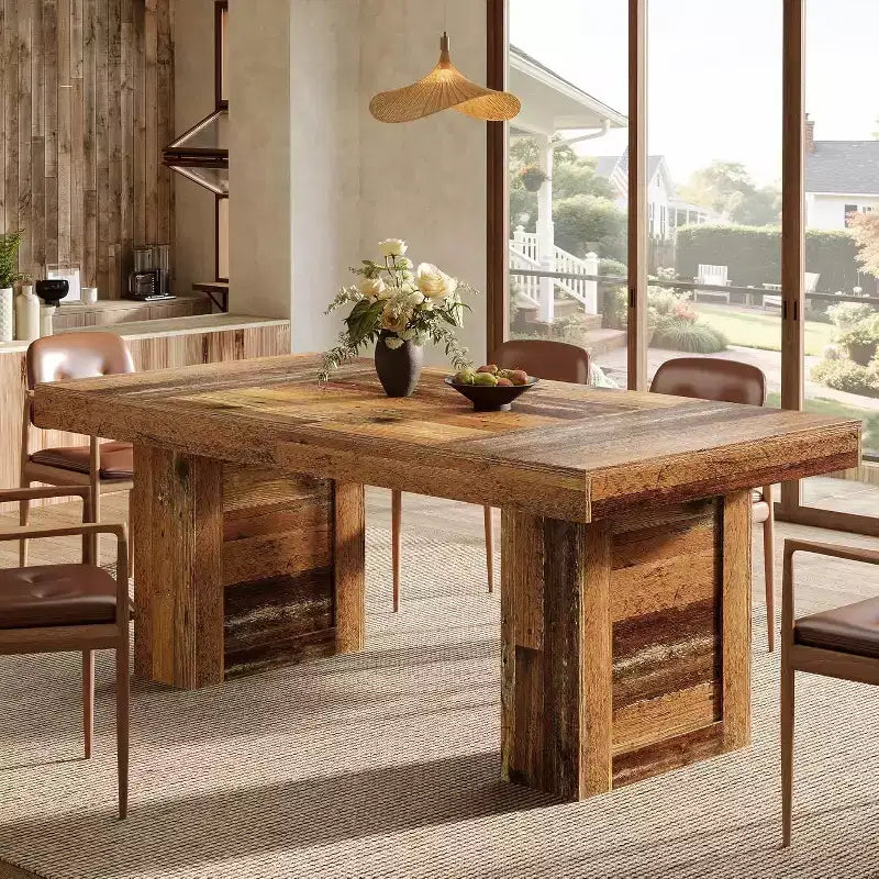 Tavolo da pranzo in stile rustico da 63 pollici per 6 persone, tavolo da cucina rettangolare in legno con gambe robuste per pasti in famiglia, sala da pranzo, marrone rustico