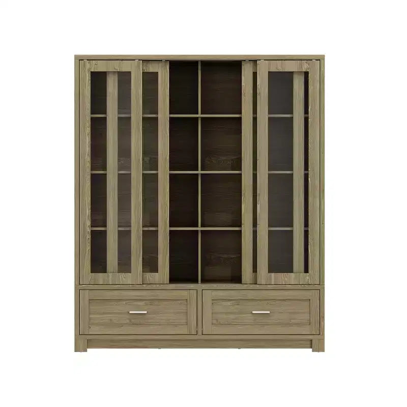 Dispensa da cucina in rovere rustico 63W con ante scorrevoli in vetro e 2 ampi cassetti, mobile alto per sala da pranzo