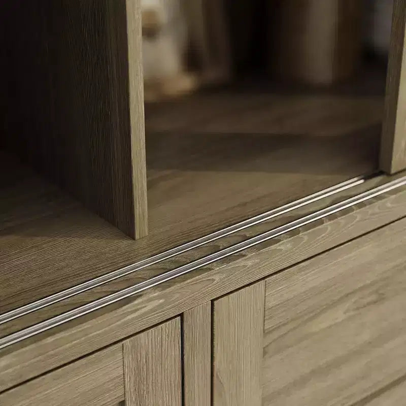 Dispensa da cucina in rovere rustico 63W con ante scorrevoli in vetro e 2 ampi cassetti, mobile alto per sala da pranzo