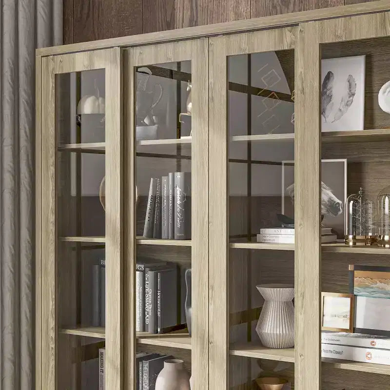 Dispensa da cucina in rovere rustico 63W con ante scorrevoli in vetro e 2 ampi cassetti, mobile alto per sala da pranzo