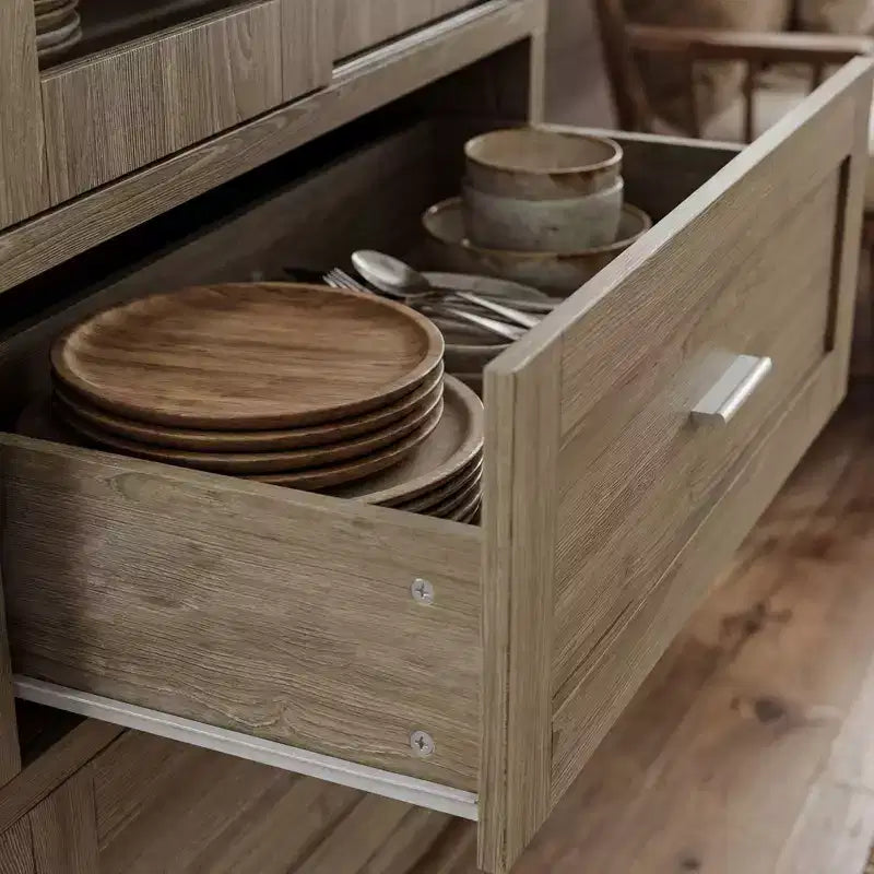 Dispensa da cucina in rovere rustico 63W con ante scorrevoli in vetro e 2 ampi cassetti, mobile alto per sala da pranzo