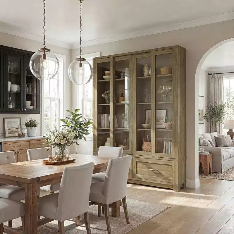Dispensa da cucina in rovere rustico 63W con ante scorrevoli in vetro e 2 ampi cassetti, mobile alto per sala da pranzo