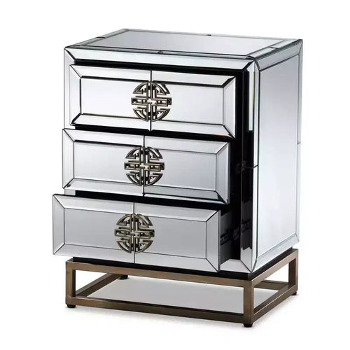 Comodino a specchio con 3 cassetti -: Elegante bronzo antico, bordi smussati, nessun montaggio richiesto