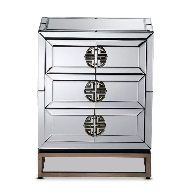 Comodino a specchio con 3 cassetti -: Elegante bronzo antico, bordi smussati, nessun montaggio richiesto